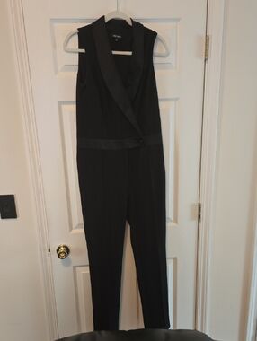 Nine West Sleeveless Black Satin-Trim Jumpsuit
